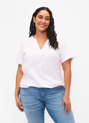 Bawelniana koszulka w kropki z dekoltem w szpic, B.White/S. Pink Dot, Model image number 0