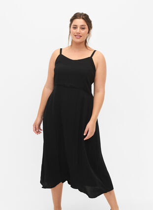 Jednokolorowa marszczona wiskozowa sukienka na ramiaczkach, Black, Model image number 3
