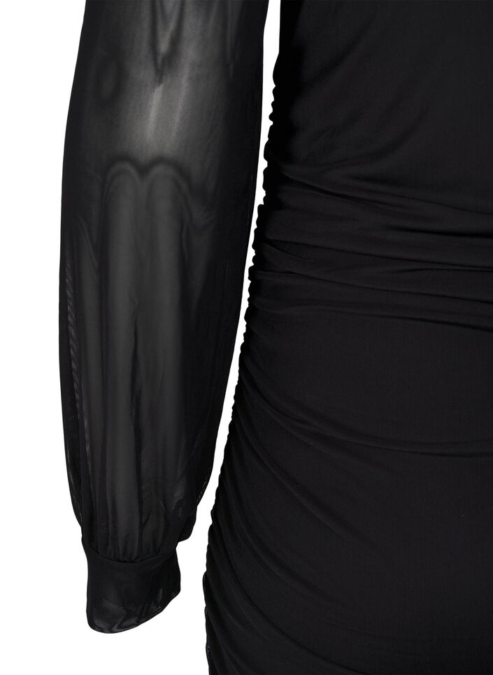 Sukienka midi z siateczka i drapowaniem, Black, Packshot image number 2