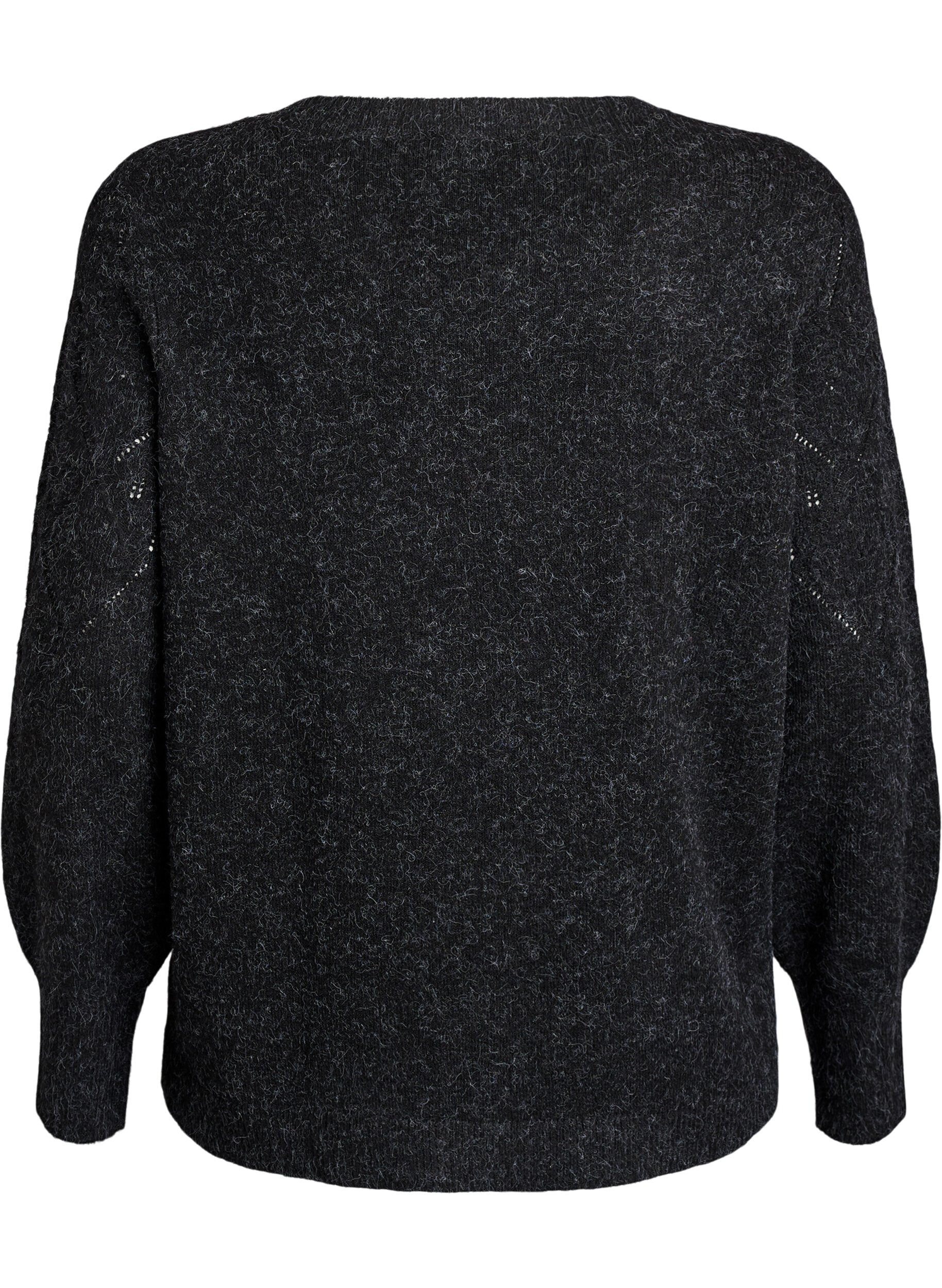 Zizzi Dzianinowy top z azurowym wzorem i bufiastymi rekawami, Ciemnoszary, Packshot image number 1