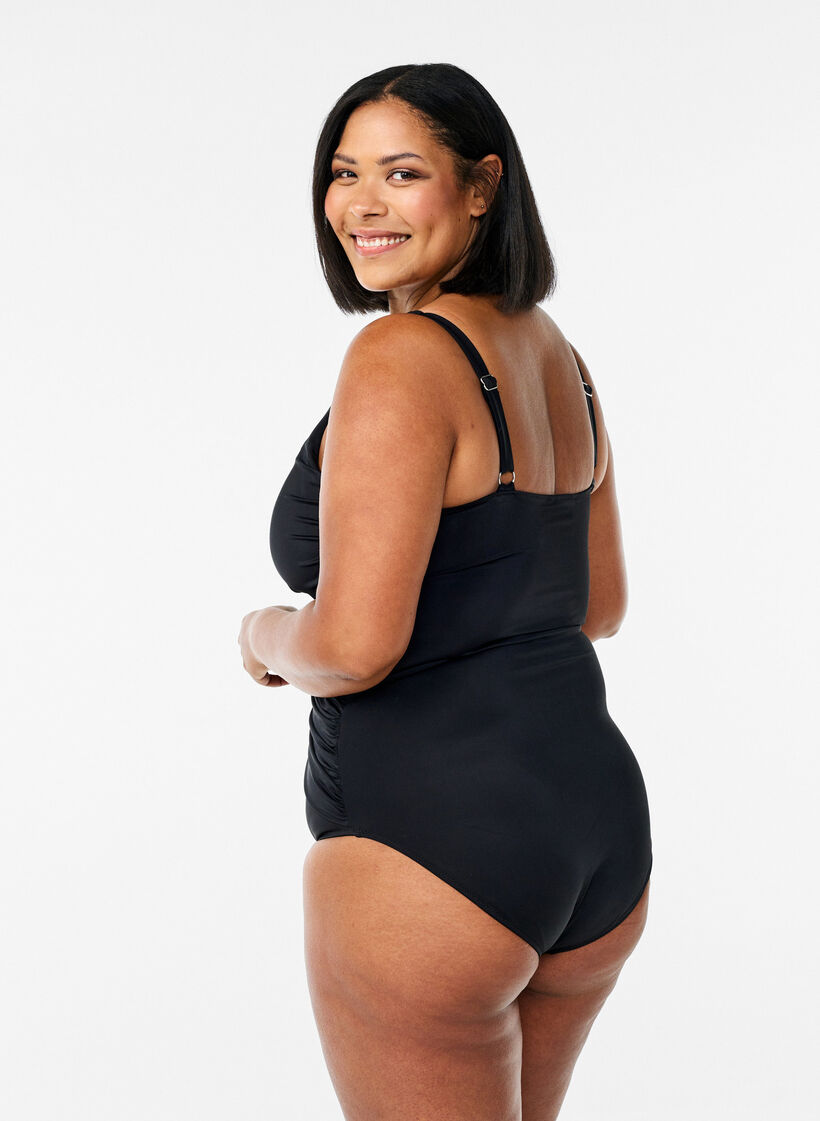 Str&oacute;j kapielowy z marszczonym elementem kratki, Czarne, Model image number 1