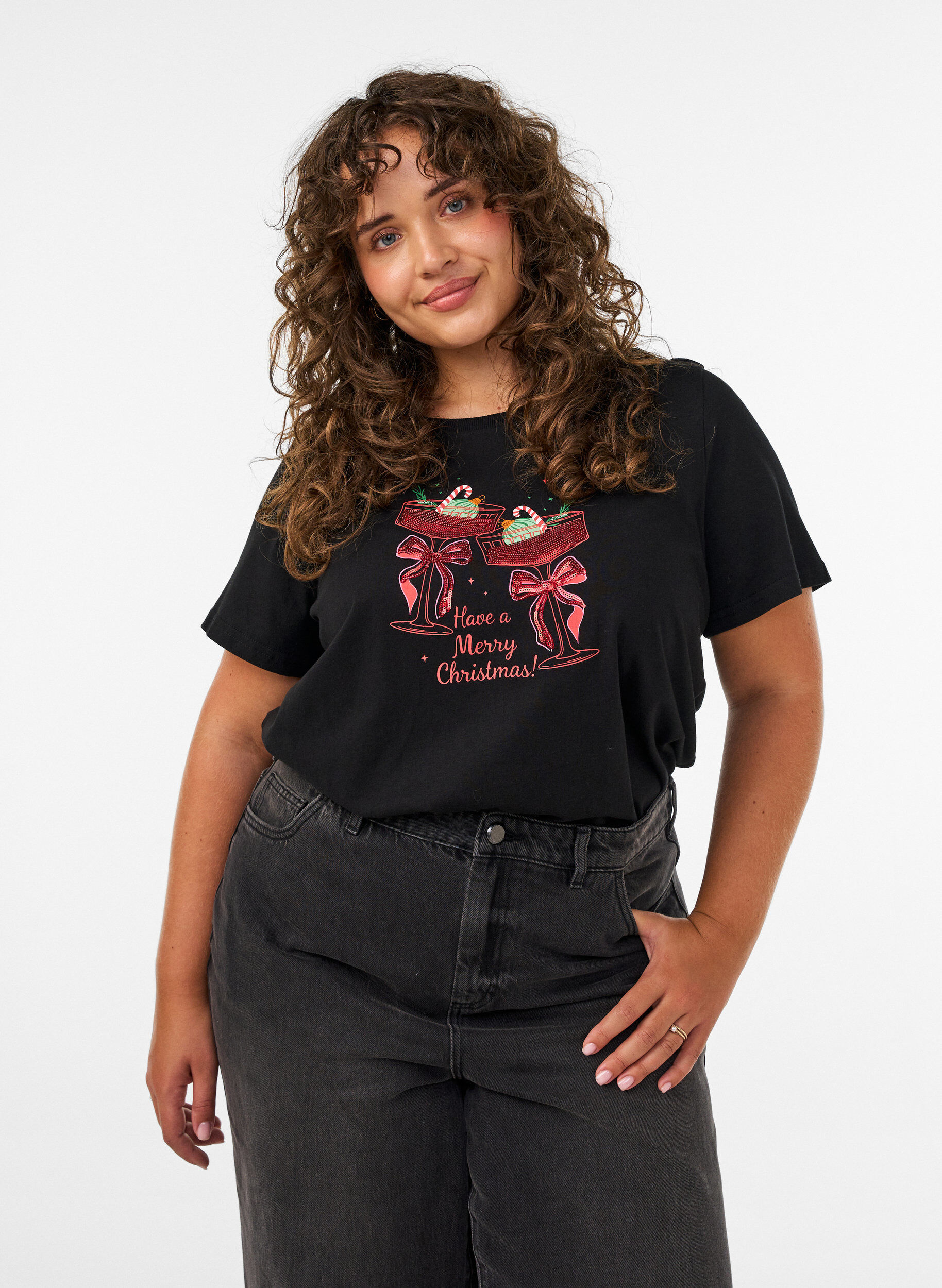 ZizziKoszulka swiateczna z bawelny organicznej, Czarne, Model image number 0