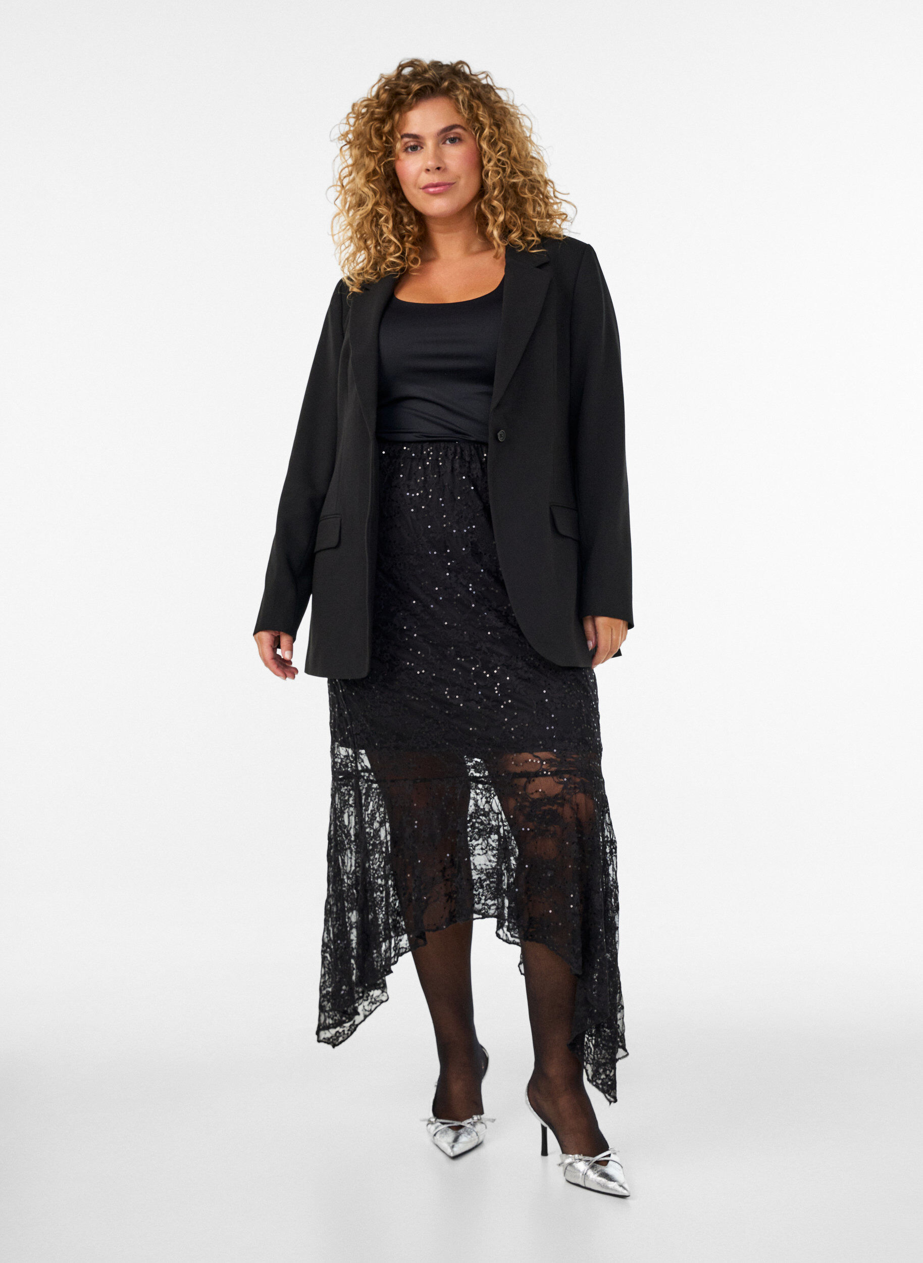 ZizziKoronkowa sp&oacute;dnica midi z cekinami, Czarne, Model image number 1