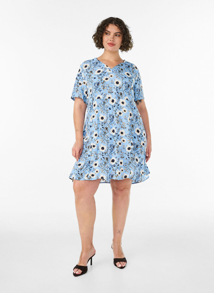 Kr&oacute;tka sukienka z kwiatowym nadrukiem, Niebieskie, Model image number 1