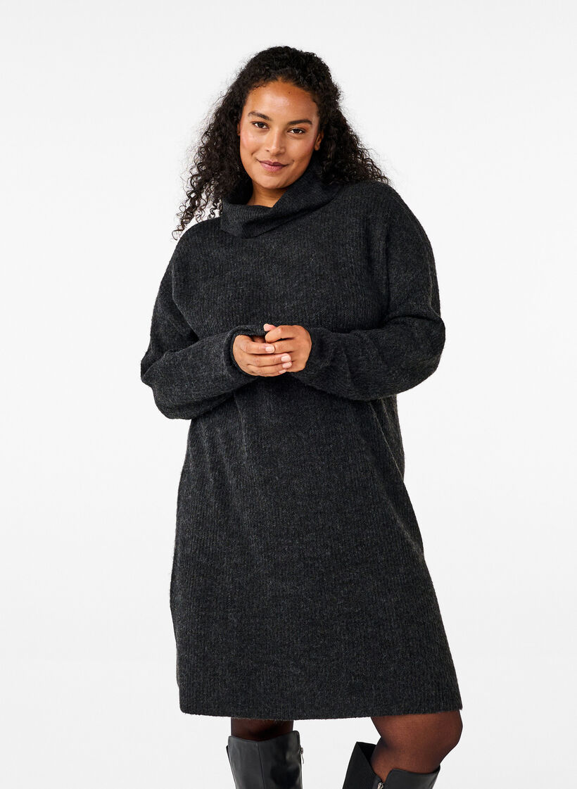 Dzianinowa sukienka z golfem, Ciemnoszary, Model image number 0