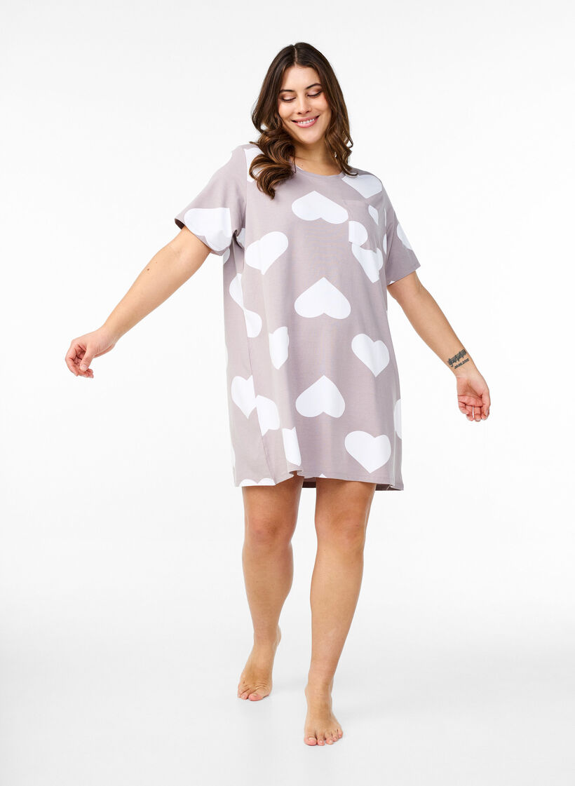 Dluga nocna koszulka z mieszanki modalu z serduszkami, Szary, Model image number 1