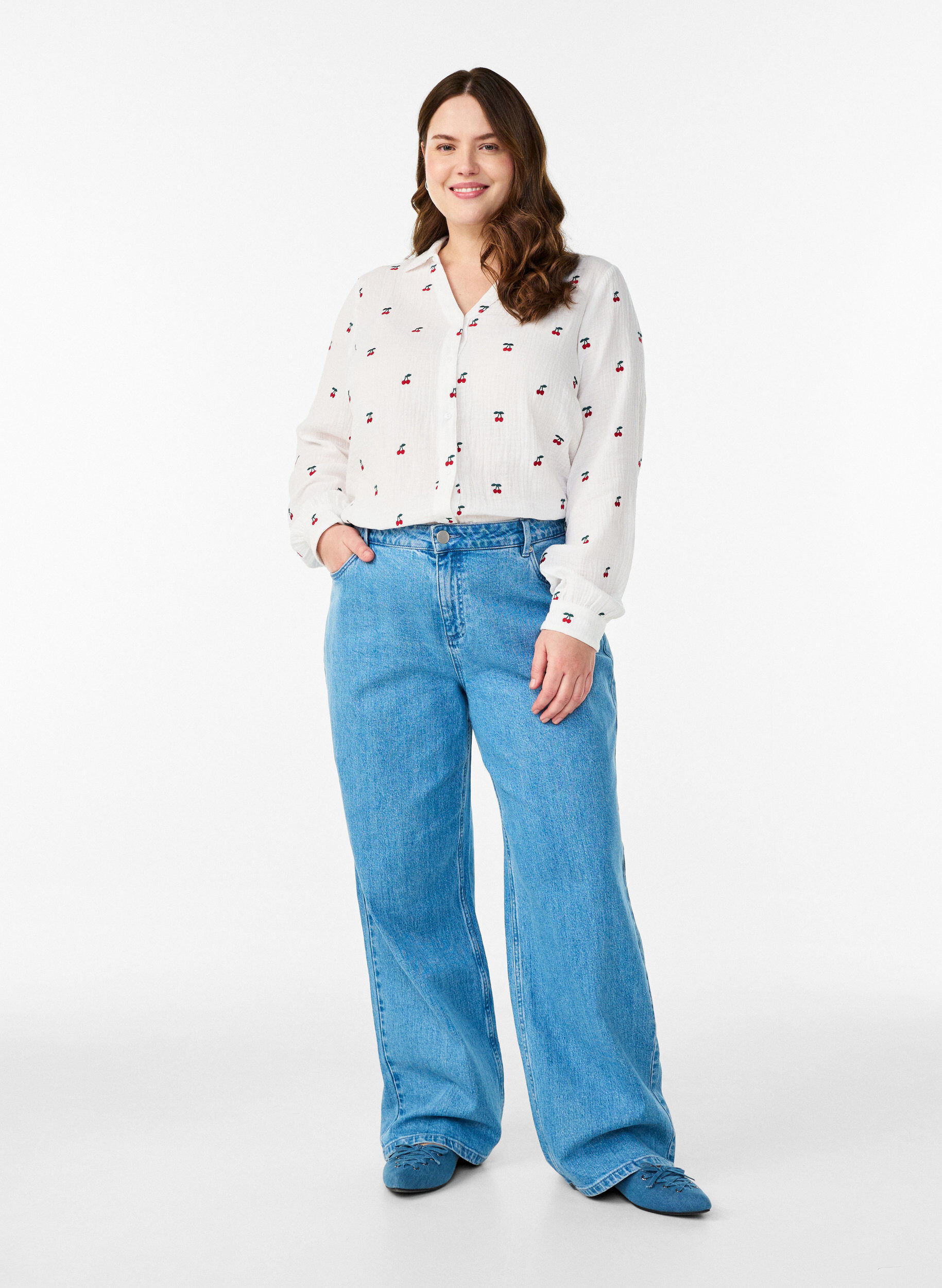 Zizzi Bluzka z bawelnianej muslinu z dlugim rekawem i haftowanymi motywami, Biały, Model image number 1