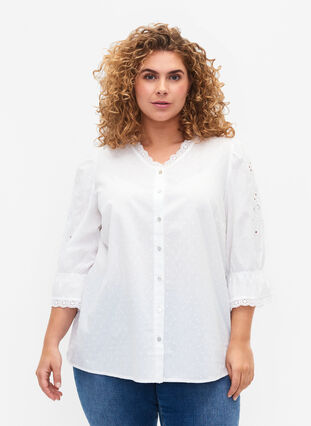 Strukturalna bluzka koszulowa z angielskim haftem, Bright White, Model image number 0