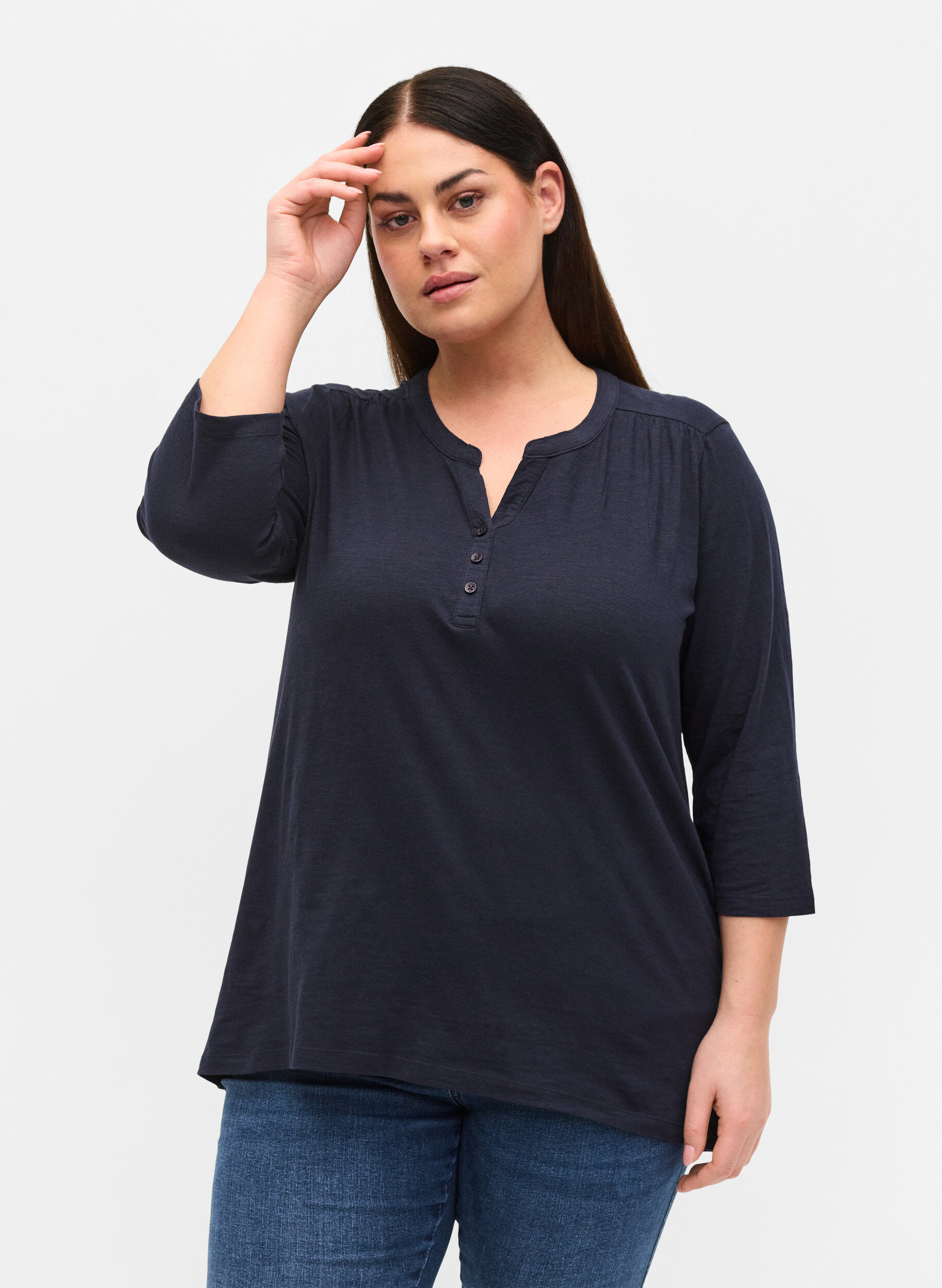 Zizzi Cotton blouse with 3/4 sleeves, Night Sky, Model image number 0