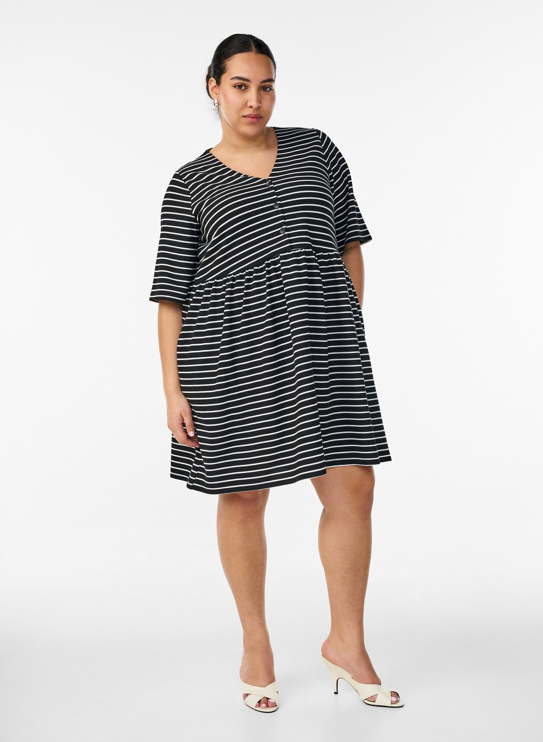 ZizziSukienka o prazkowanej fakturze i kroju empire, Biały, Model image number 1