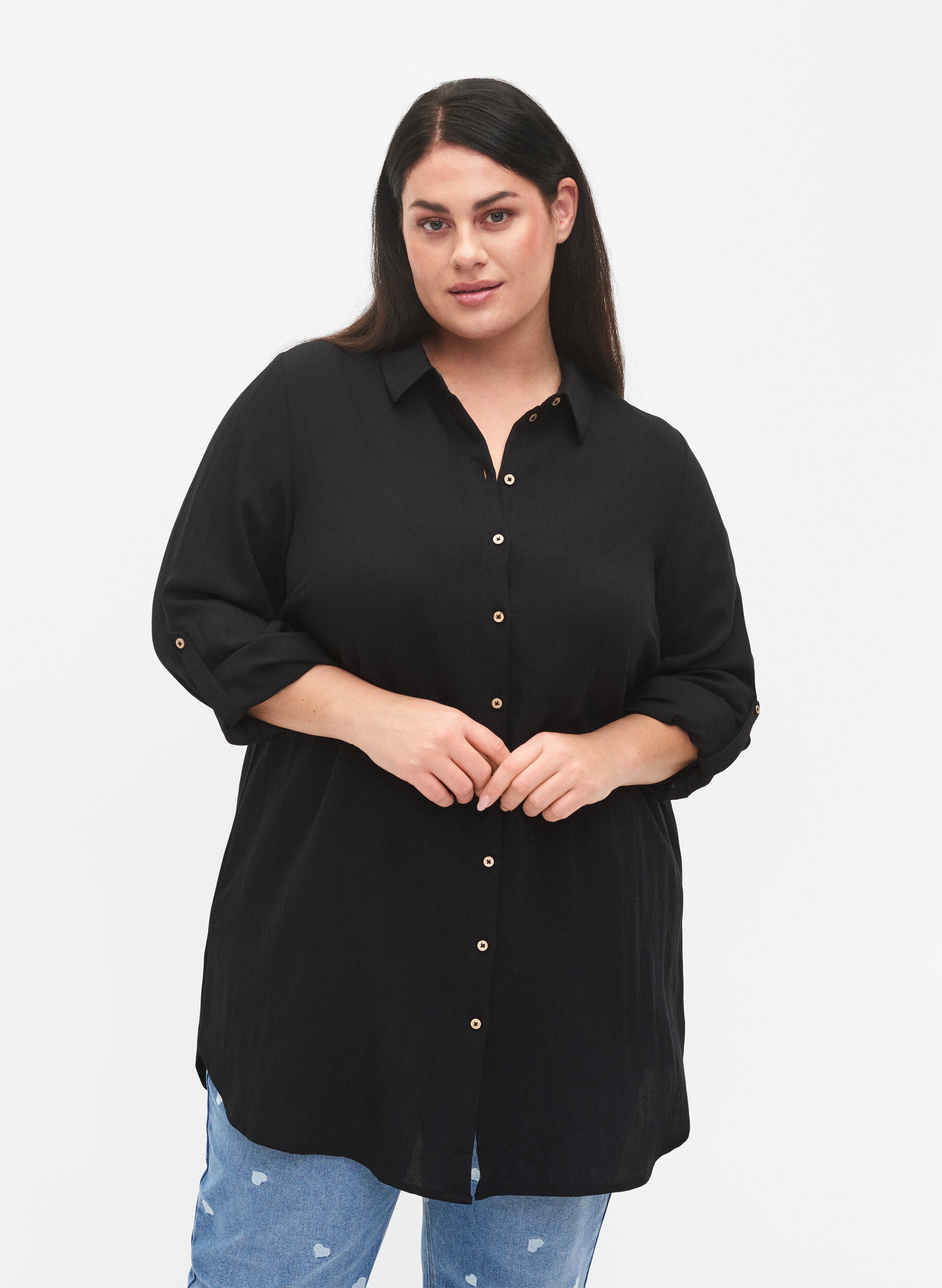 Zizzi Long plain viscose shirt, Black, Model image number 0