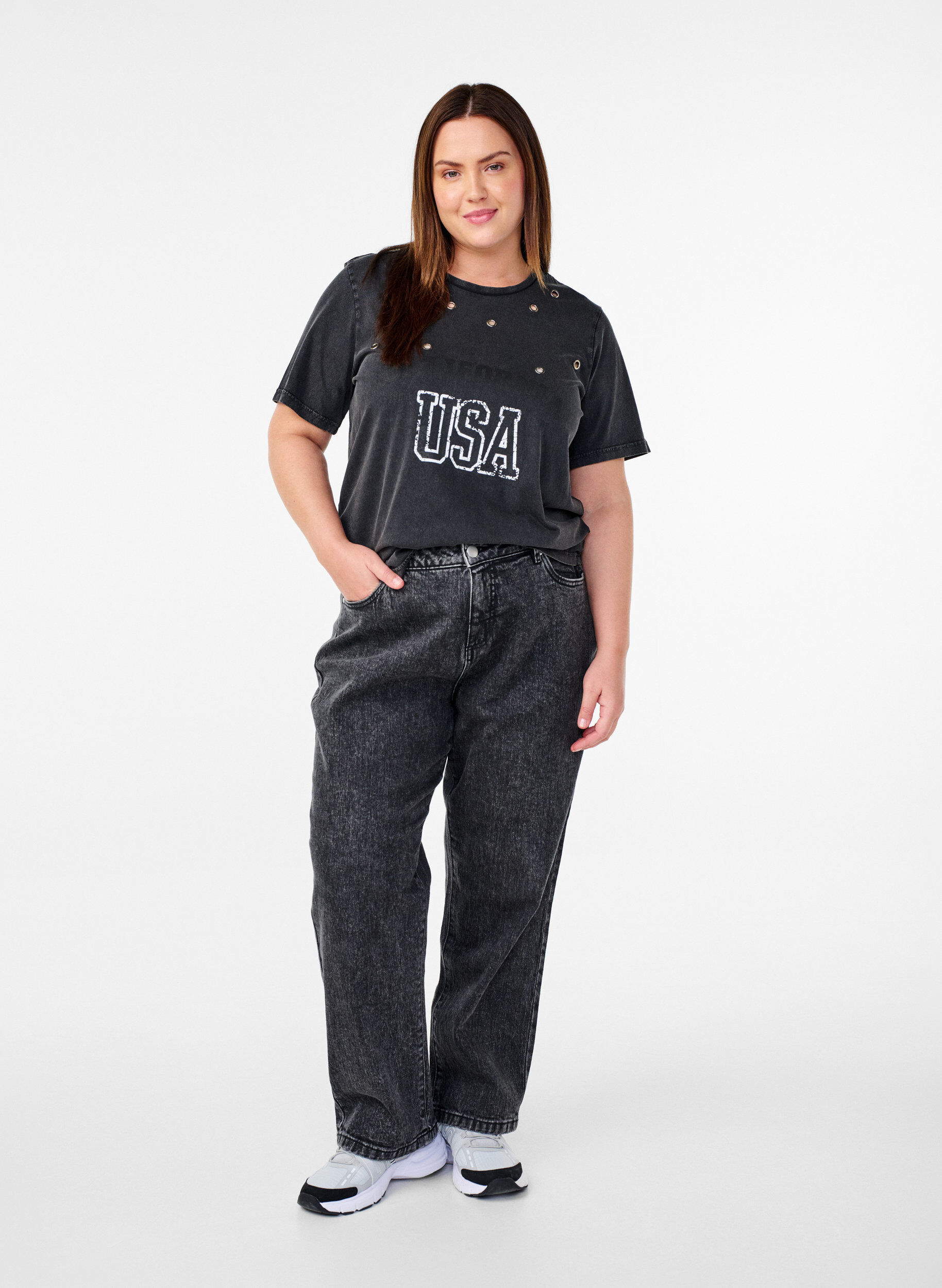 Zizzi Koszulka z oczkami i nadrukiem, Grey Washed , Model image number 2