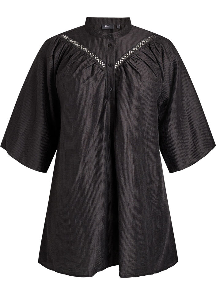 Tunika z koronkowymi wstawkami i prazkowana faktura, Czarne, Packshot image number 0