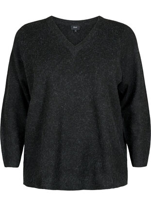 Melanzowy pulower z dekoltem w szpic, Dark Grey Melange, Packshot image number 0