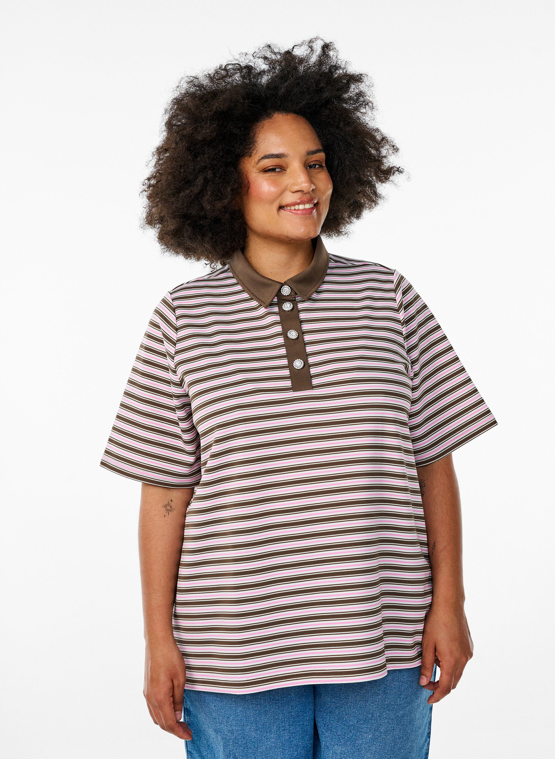 Koszulka polo w paski z kr&oacute;tkimi rekawami i guzikami, Brązowy, Model