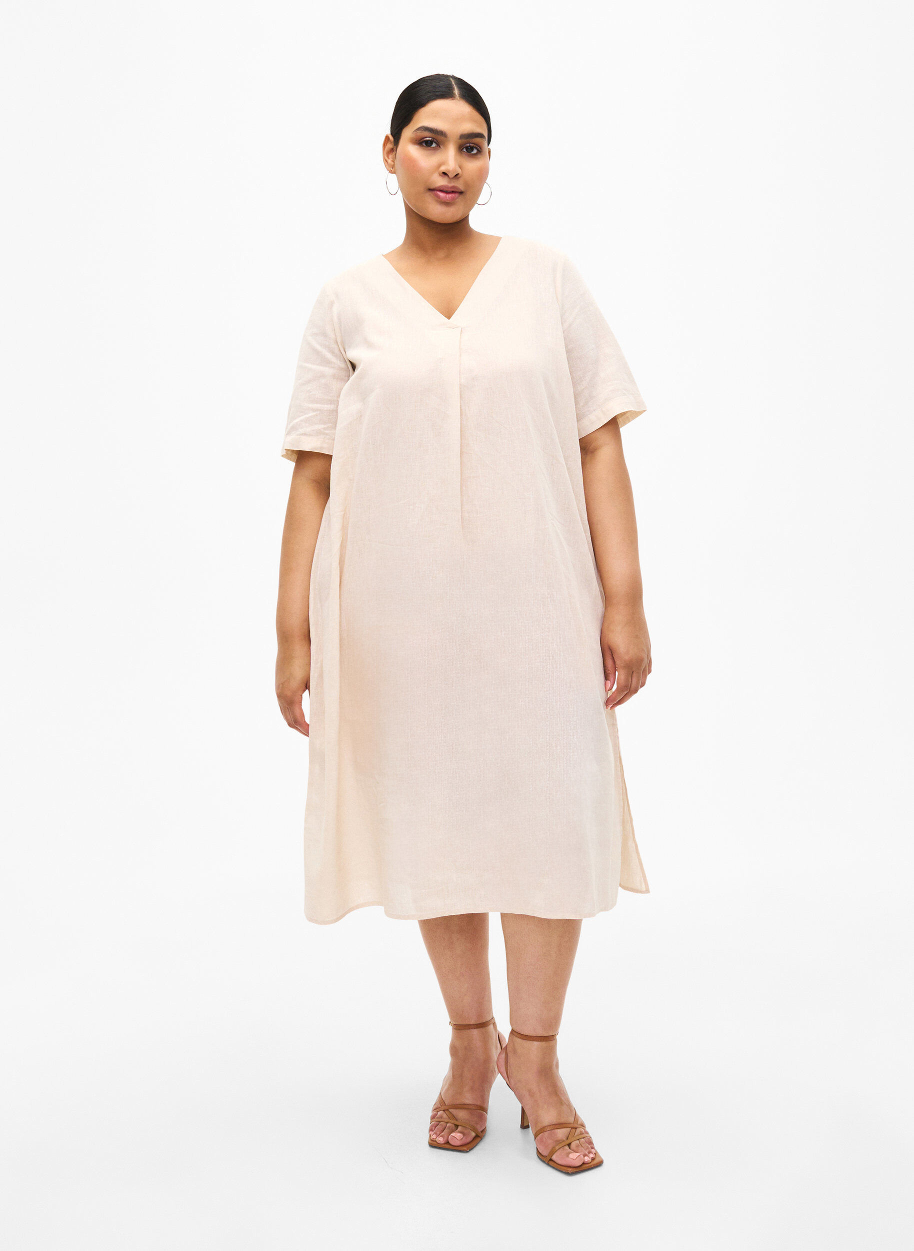 Zizzi Bawelniana sukienka typu kaftan z domieszka lnu, Beżowy, Model image number 1