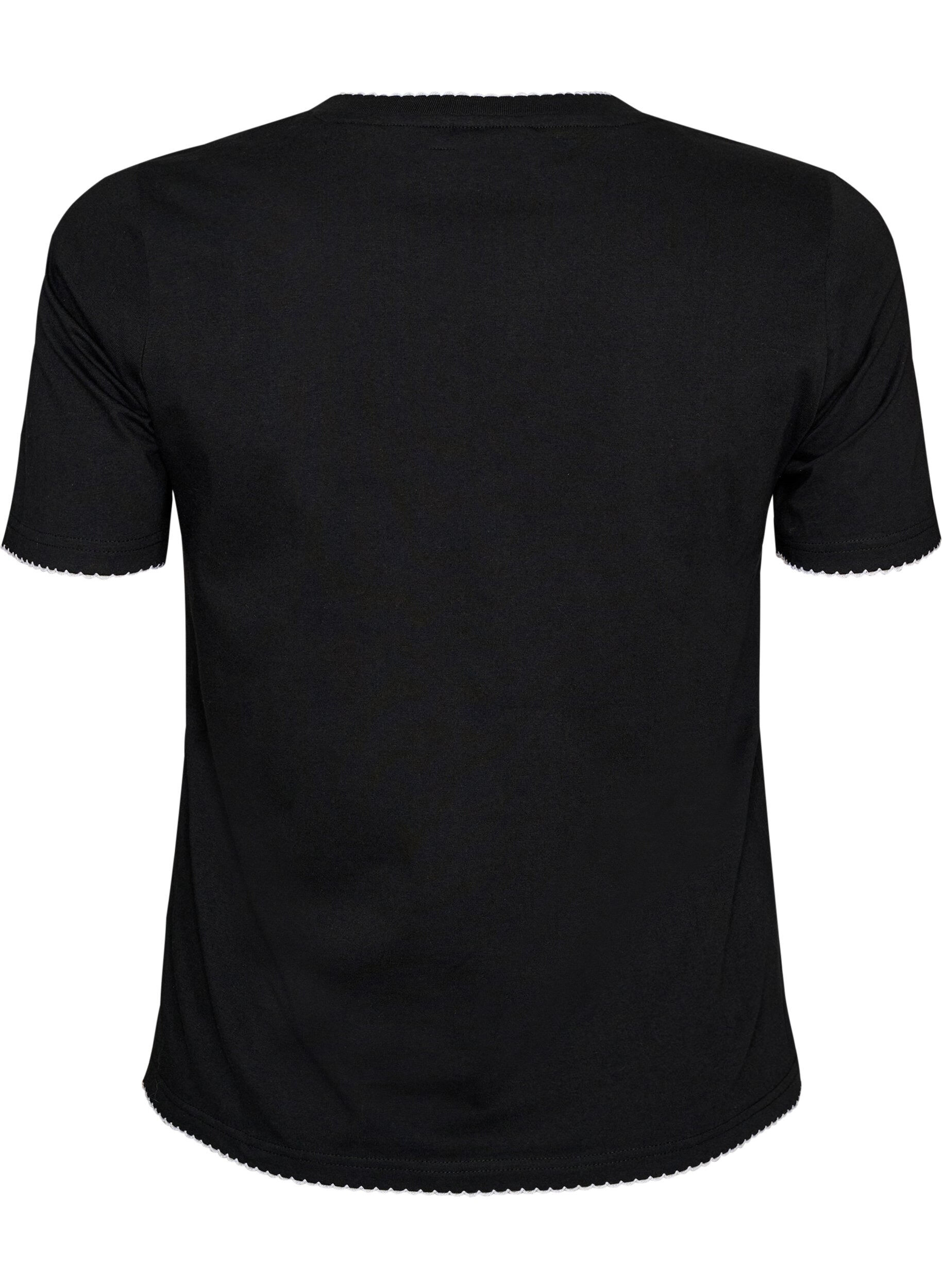 ZizziBawelniany T-shirt z kontrastowym, falistym wykonczeniem brzeg&oacute;w, Czarne, Packshot image number 1