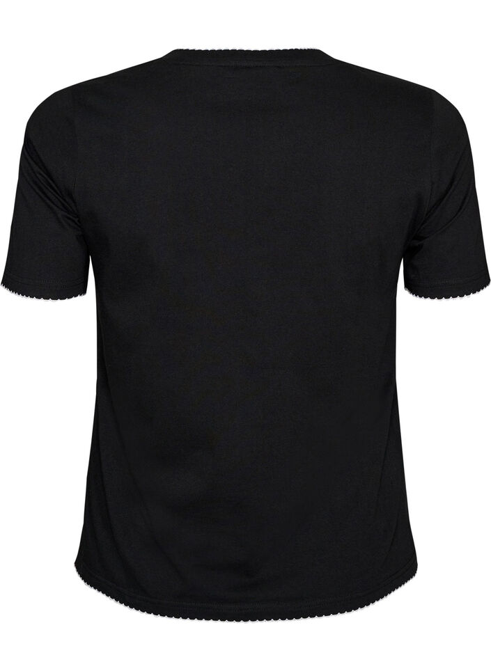 Bawelniany T-shirt z kontrastowym, falistym wykonczeniem brzeg&oacute;w, Czarne, Packshot image number 1