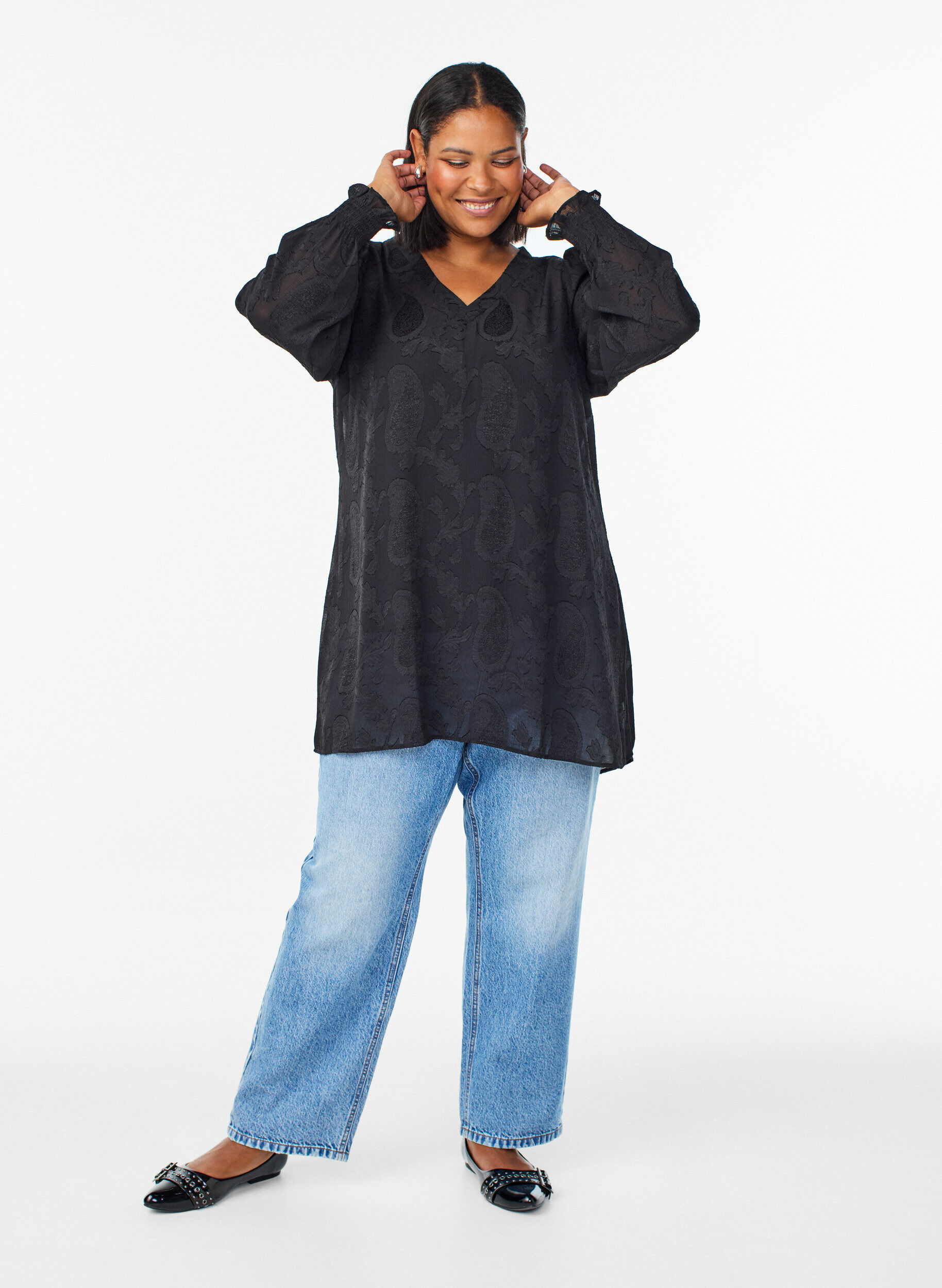 Zizzi Tunika z wzorem tureckim i dlugim rekawem, Czarne, Model image number 1