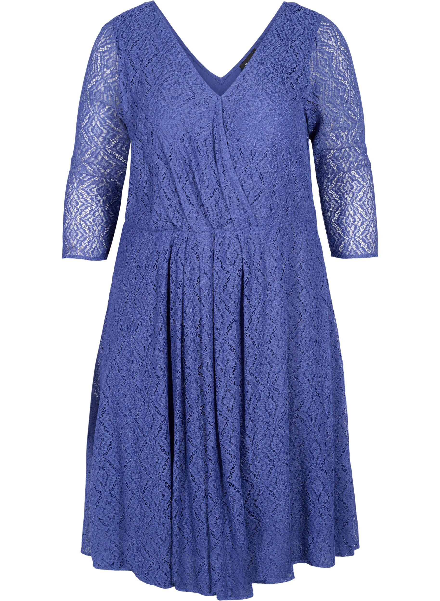 Zizzi V-neck lace dress with 3/4 sleeves, Blue, Packshot image number 0