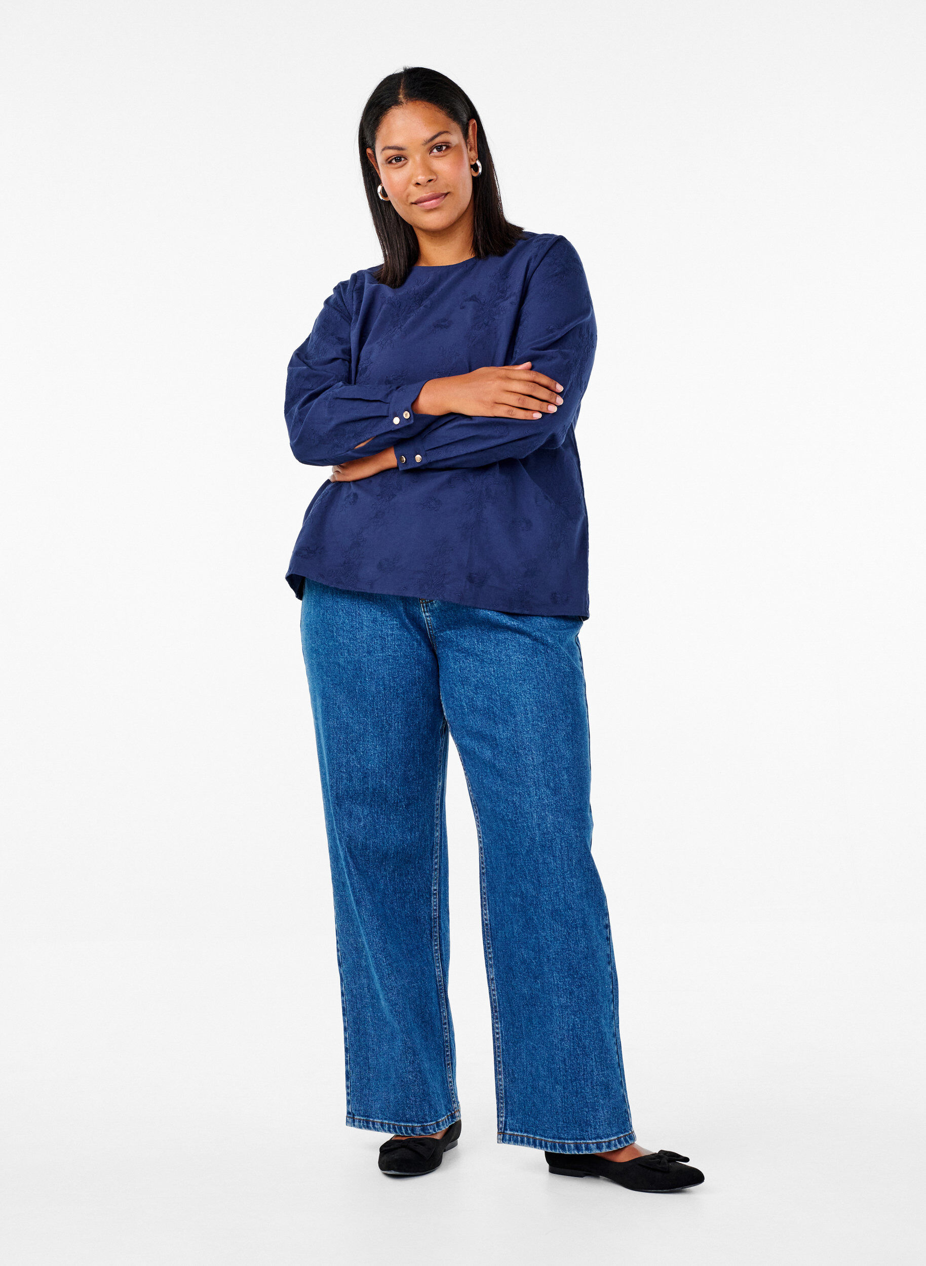 Zizzi Bluzka z dlugim rekawem i haftem, Niebieskie, Model image number 1