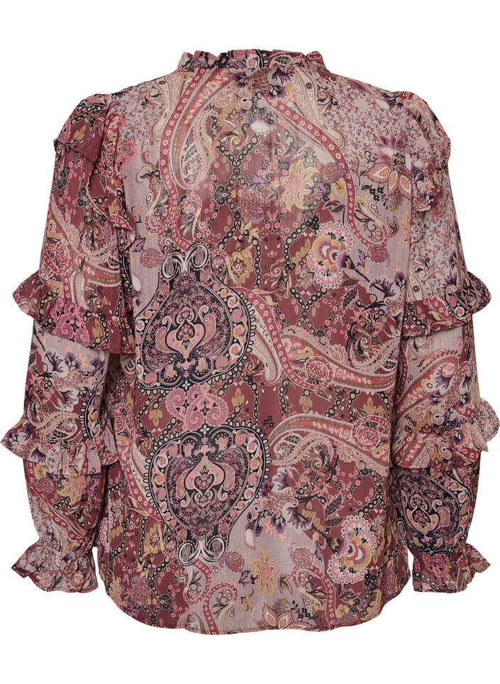 Bluzka z nadrukiem w stylu paisley i falbankami, Fioletowy, Packshot image number 1