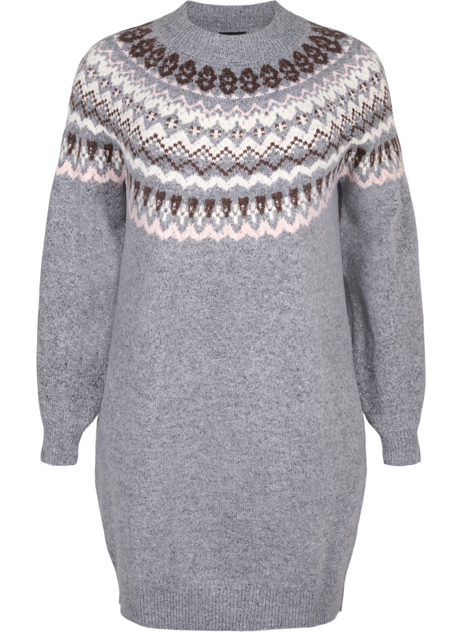 Zizzi Dzianinowa sukienka z zakardowym wzorem i dlugimi rekawami, Medium Grey Comb, Packshot image number 0