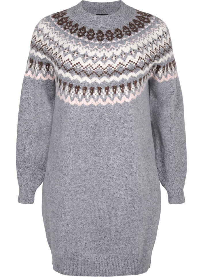 Dzianinowa sukienka z zakardowym wzorem i dlugimi rekawami, Medium Grey Comb, Packshot image number 0