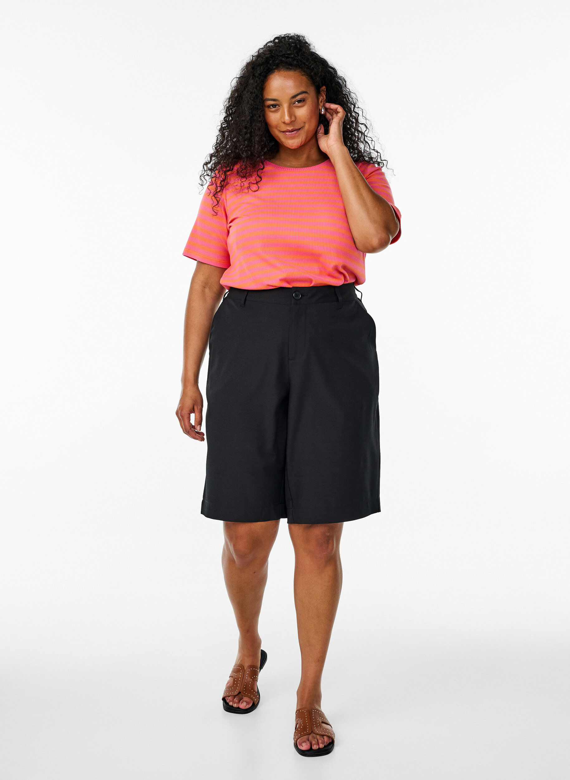 Zizzi T-shirt w paski o prazkowanej fakturze, Czerwony, Model image number 1