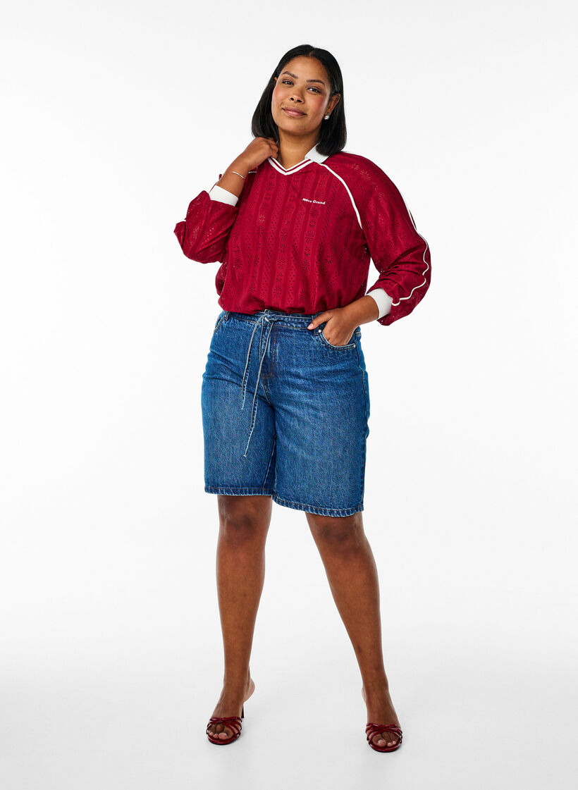 Teksturowana bluzka z dzerseju z kontrastowymi detalami, Czerwony, Model image number 1