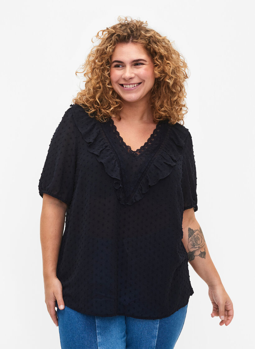 Bluzka z krótkimi rekawami i struktura w kropki, Night Sky, Model image number 0