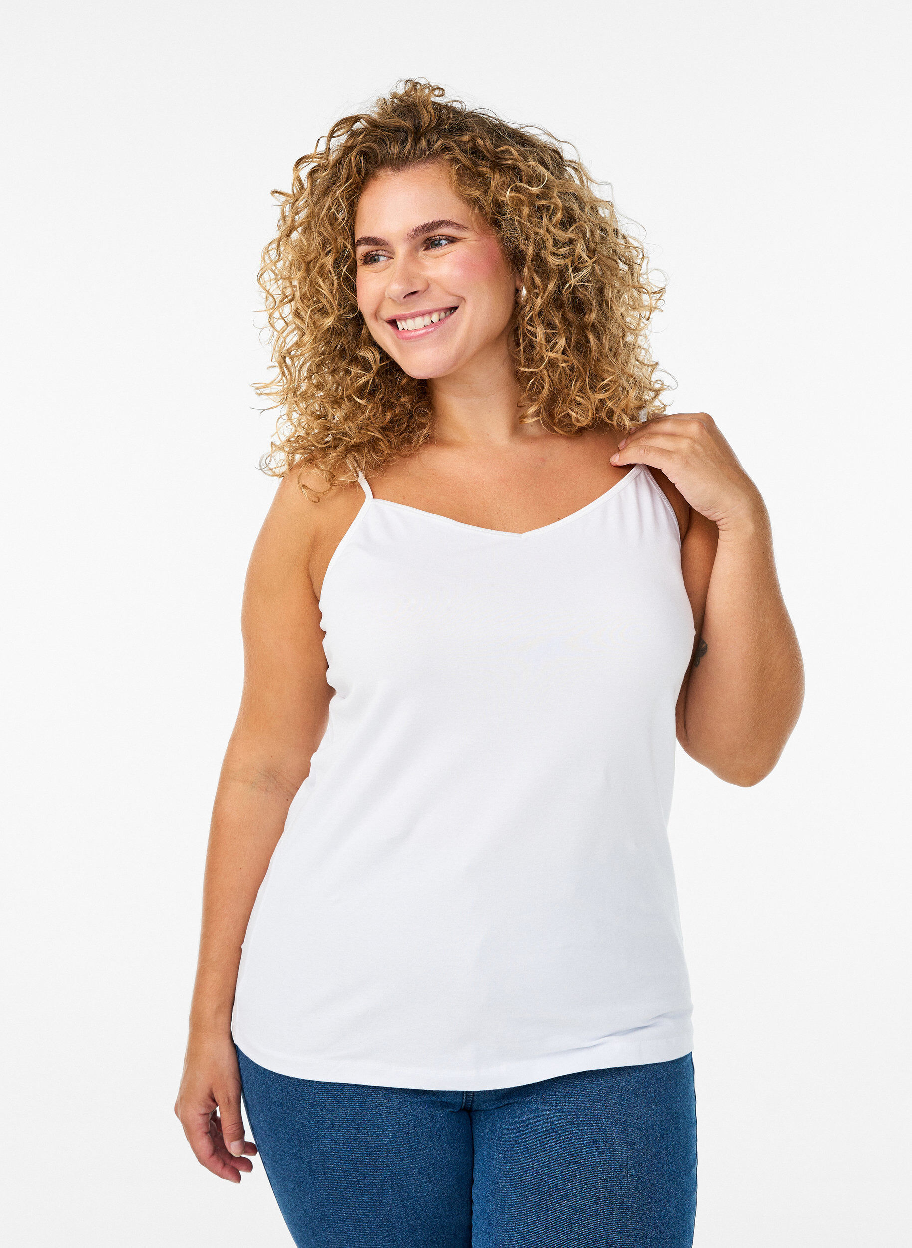 Podstawowy bawelniany top na cienkich ramiaczkach, Biały, Model
