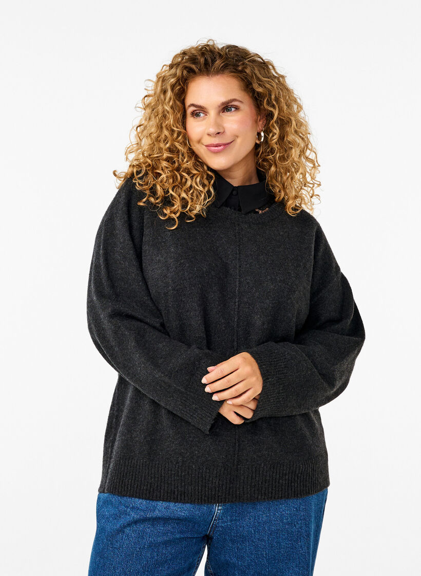 Dzianinowa bluzka z okraglym dekoltem i szwem posrodku, Dark Grey Melange, Model image number 0