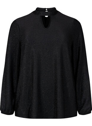 Brokatowa bluzka z dlugimi rekawami, okraglym dekoltem i detalami w serek, Black Black, Packshot image number 0