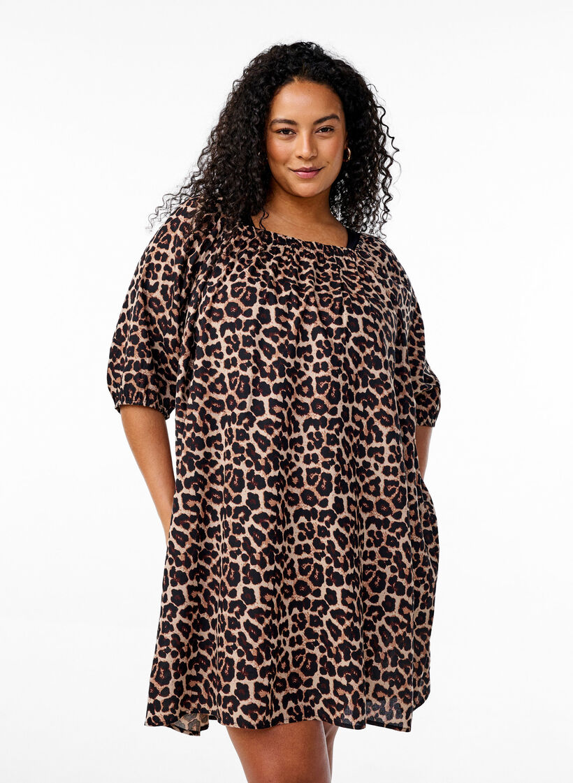 Plazowa sukienka z wiskozy z nadrukiem, Beżowy, Model image number 0