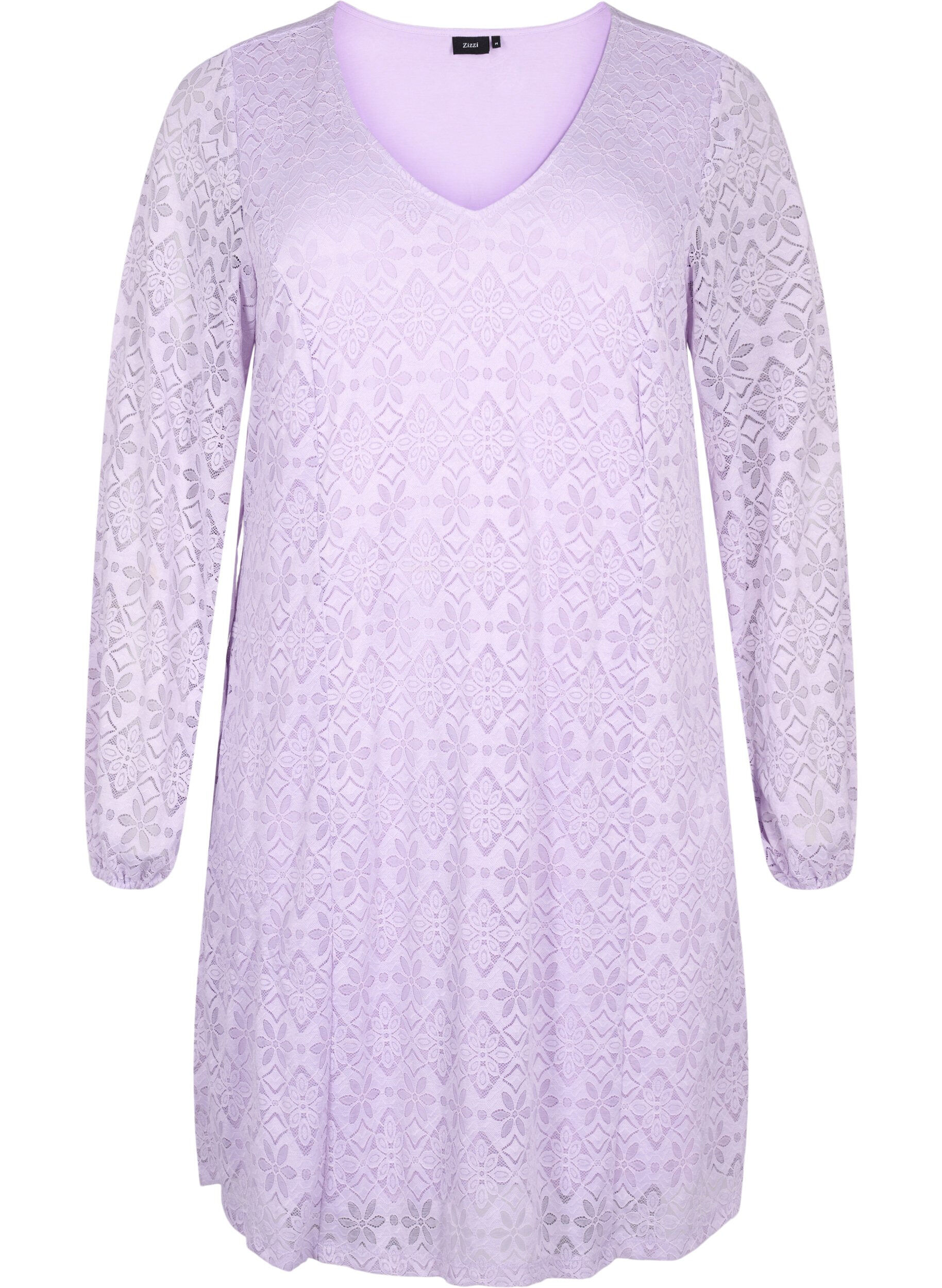 Zizzi Lace dress with v neck and long sleeves, Pastel Lilac, Packshot image number 0