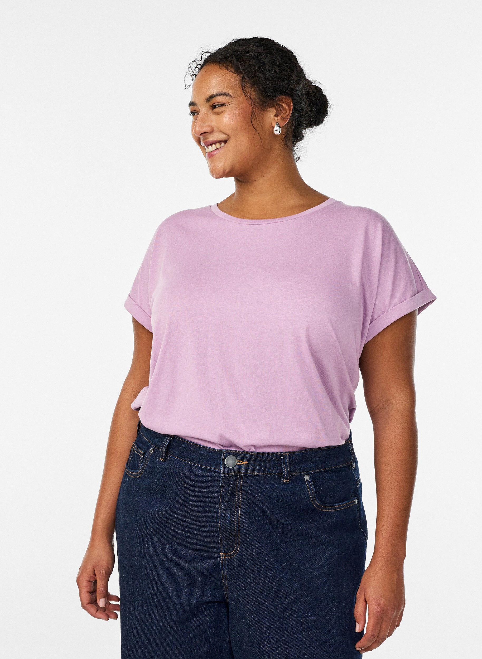 Zizzi T-shirt z kr&oacute;tkim rekawem w mieszance bawelny, Fioletowy, Model image number 0