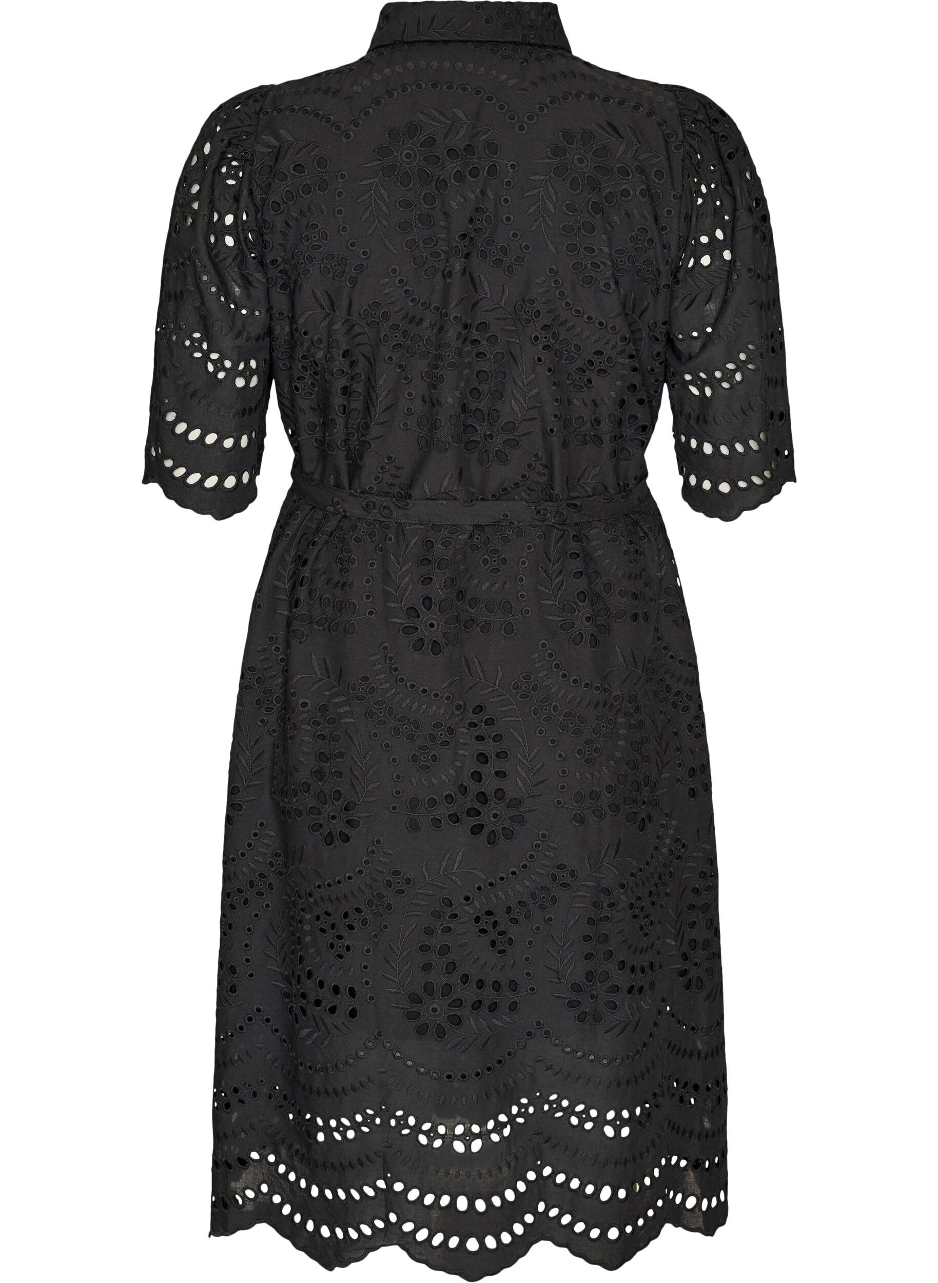 ZizziSukienka-koszulka w stylu broderie anglaise z pasem do wiazania, Czarne, Packshot image number 1
