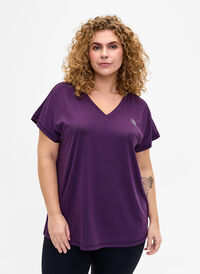 Luzna koszulka treningowa z dekoltem w szpic, Purple Pennant, Model