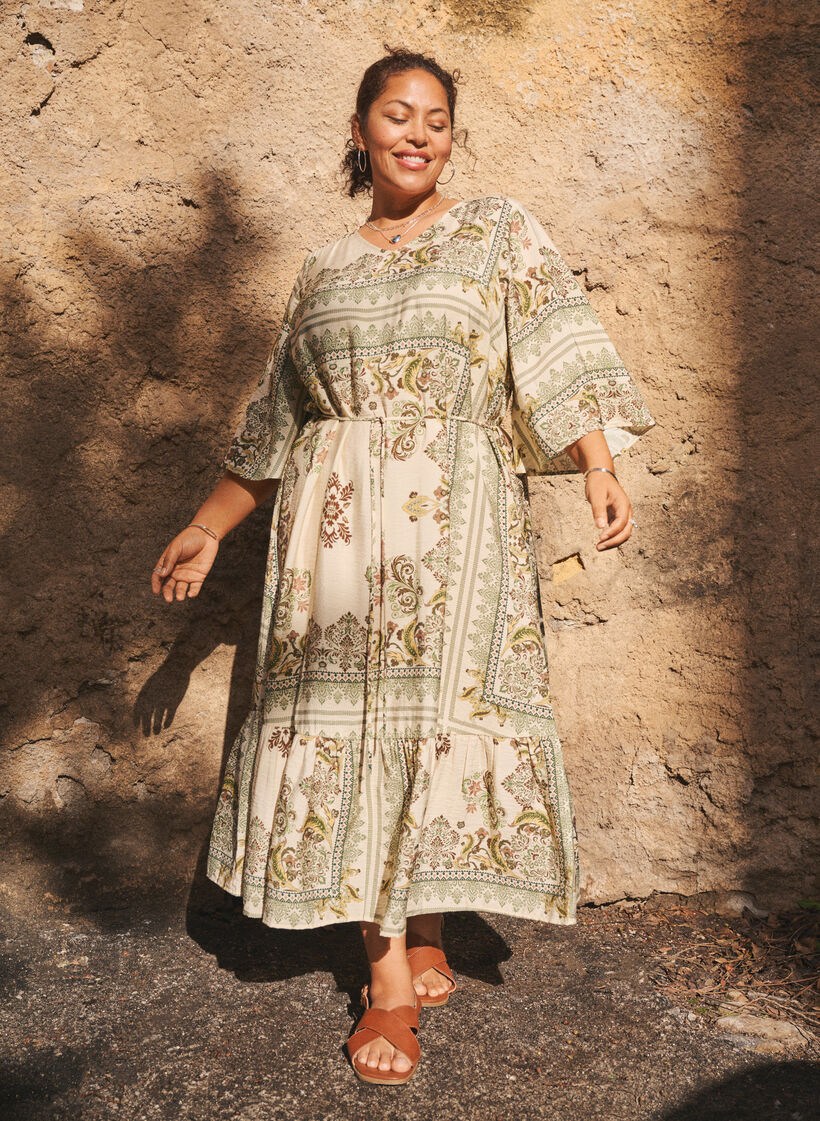 Sukienka midi z wiskozy w krate z paskiem do wiazania, Zielony, Image image number 0