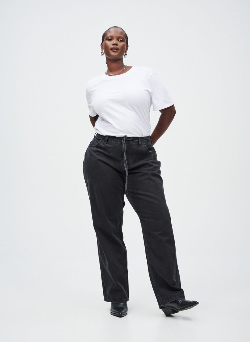 Dzinsy o prostym kroju z paskiem do wiazania, Czarne, Image image number 0