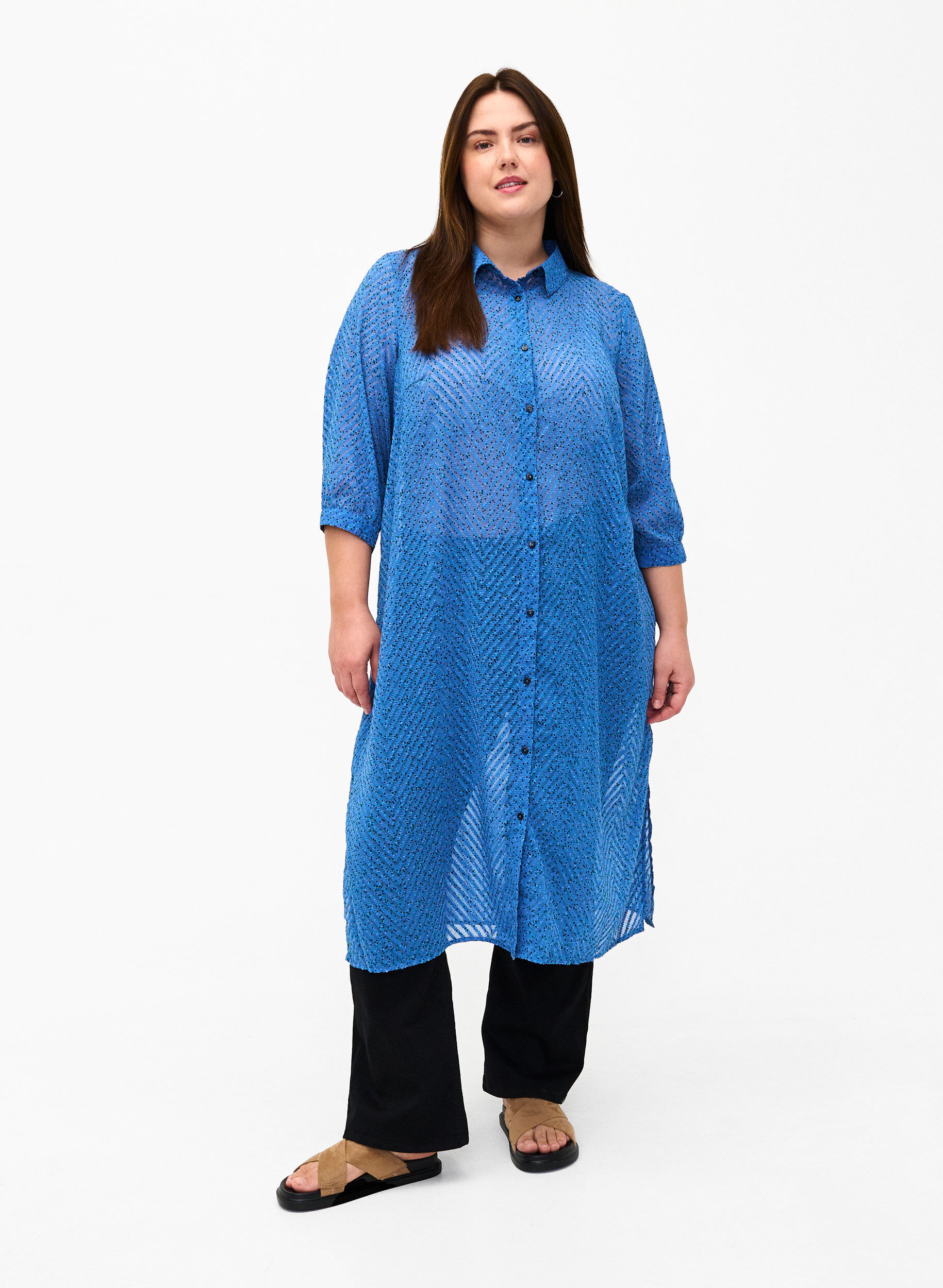 Zizzi Koszula w kropki z rekawami 3/4 i rozcieciem, Riverside Dot, Model image number 0