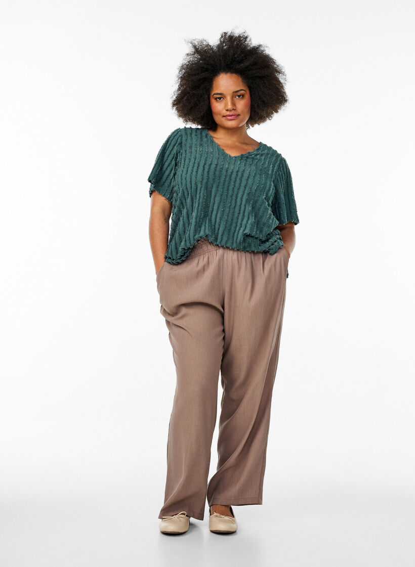 Bluzka z krótkim rekawem i tekstura w paski, Zielony, Model image number 1