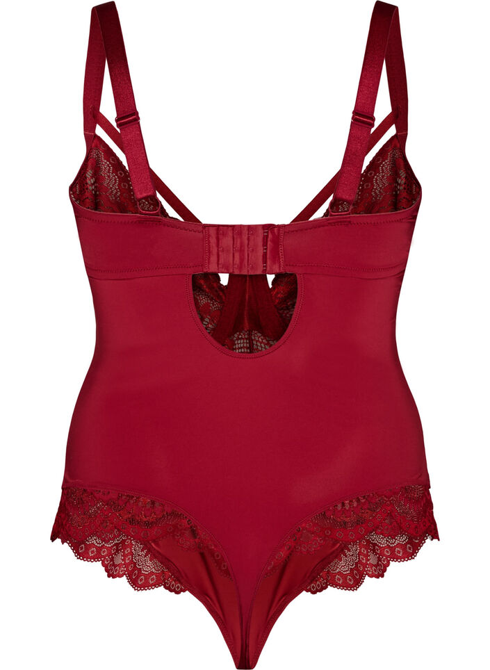 Koronkowe body z fiszbinami i ozdobnymi paseczkami, Czerwony, Packshot image number 1