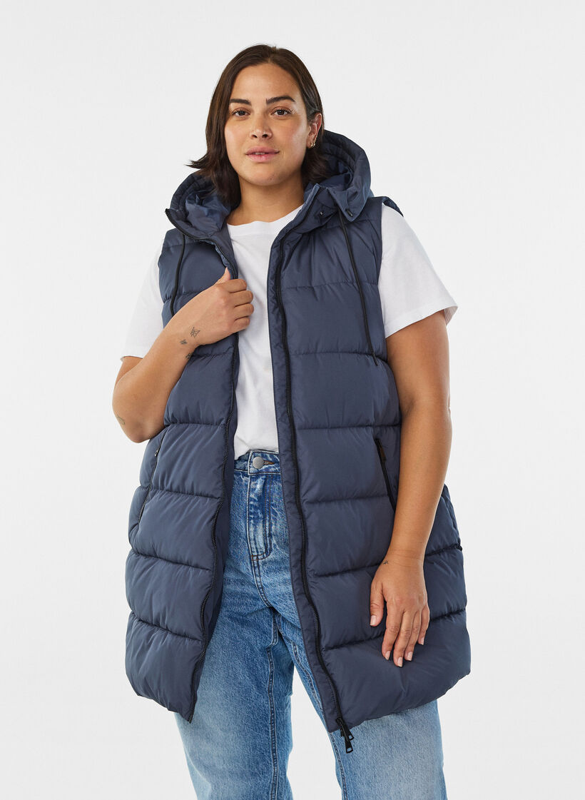 Dluga kamizelka z kapturem i kieszeniami, Niebieskie, Model image number 0