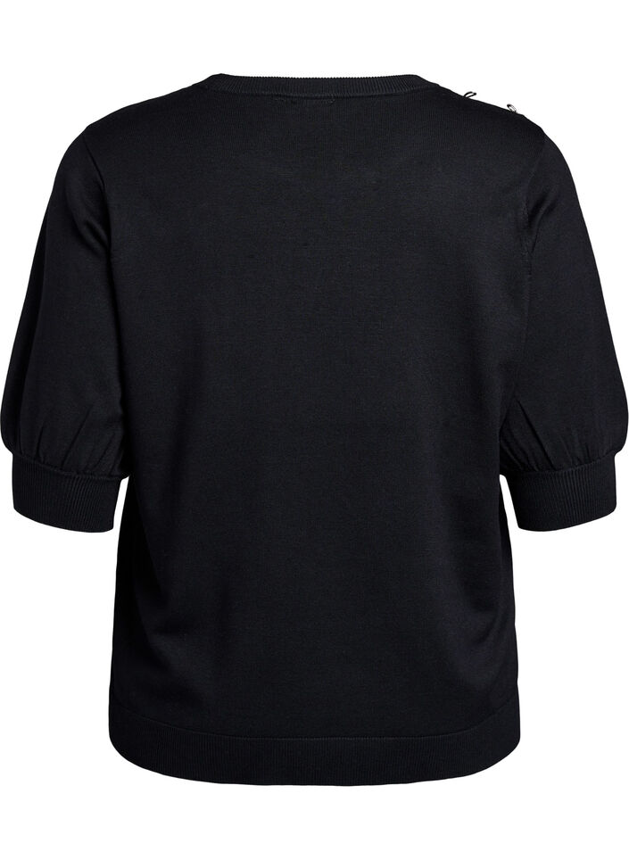 Dzianinowa bluzka z krótkim rekawem i malymi kokardkami, Czarne, Packshot image number 1