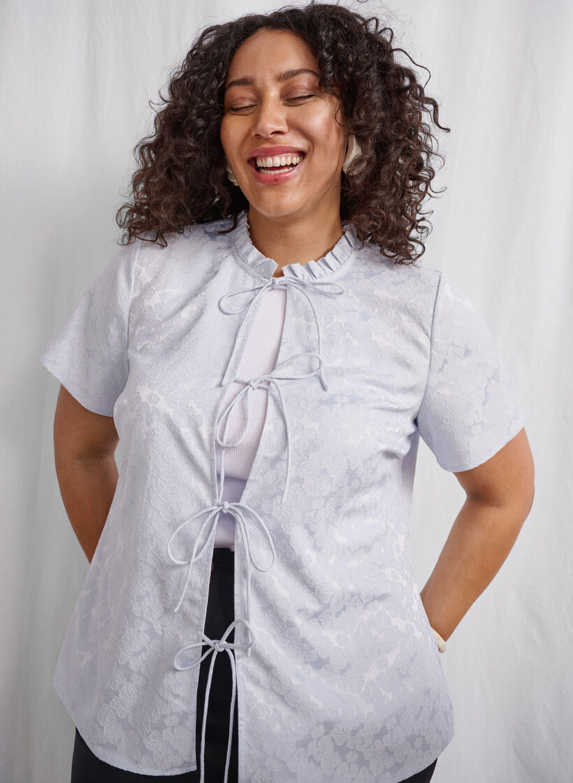 Zakardowa bluzka z krótkim rekawem i wiazaniami, Niebieskie, Image image number 0