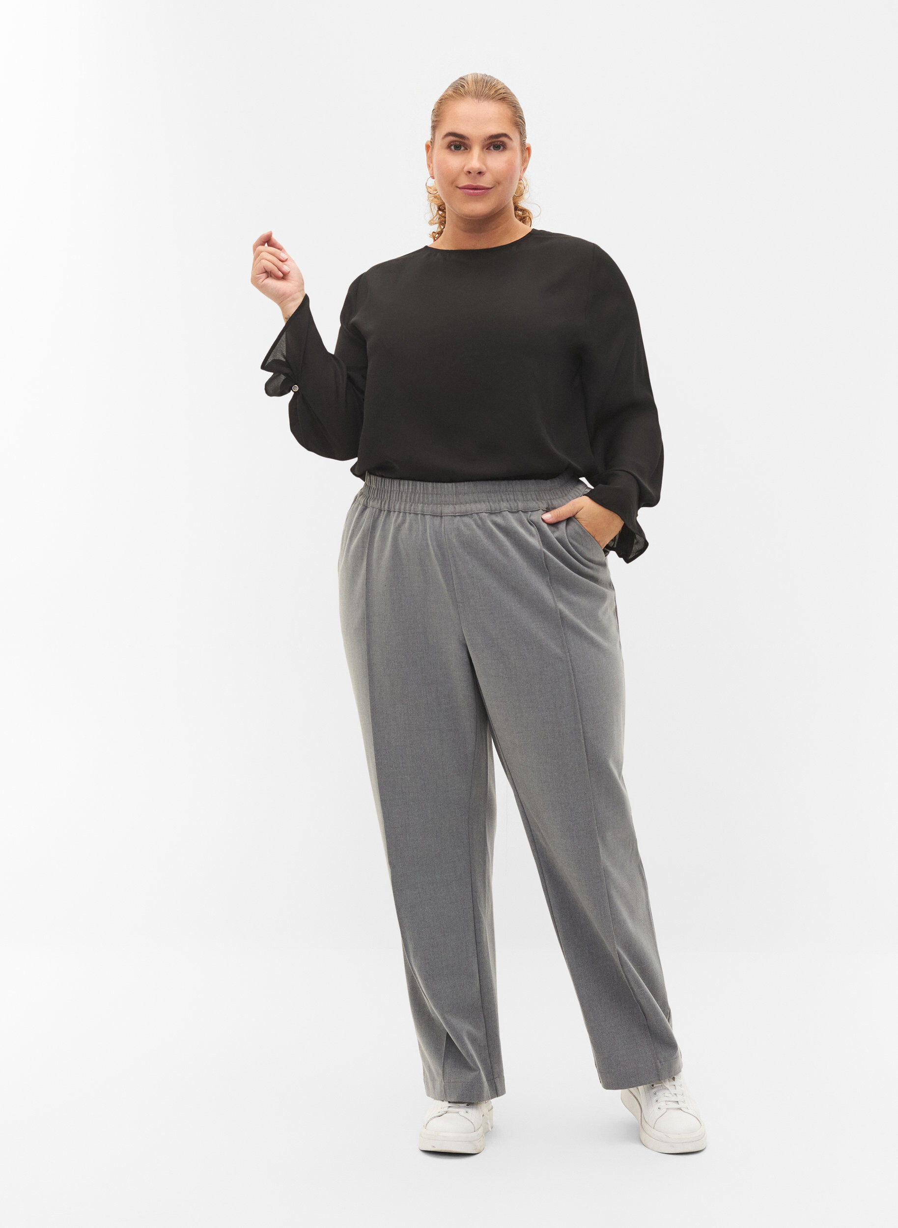Zizzi Grey melange trousers with elastic waist, Medium Grey Melange, Model image number 0