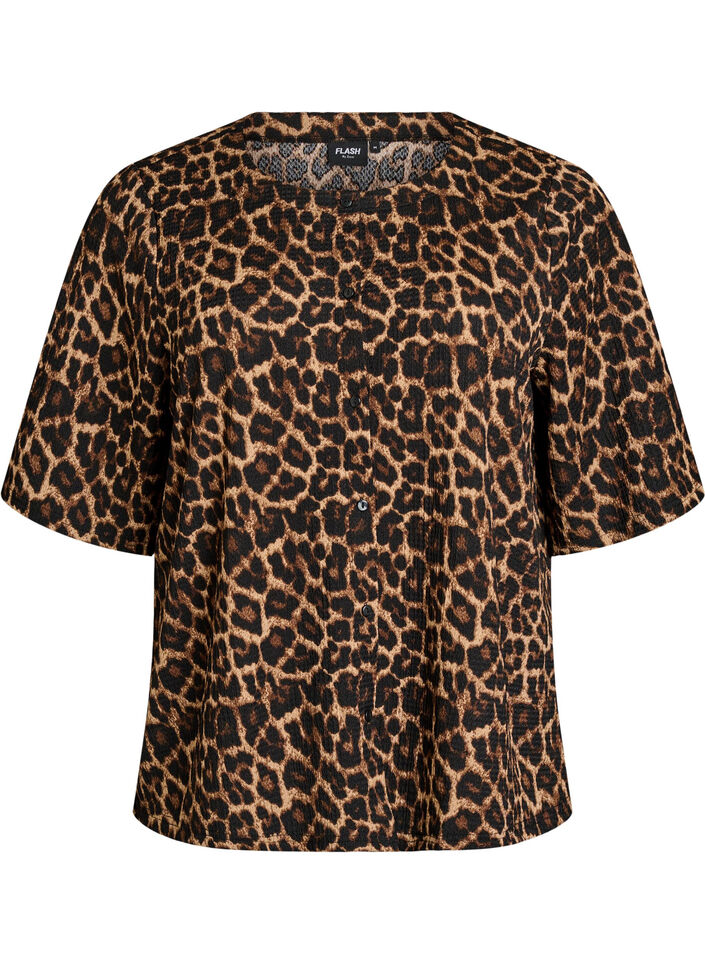 Bluzka z kr&oacute;tkim rekawem, z faktura i zapinaniem na guziki, Czarne, Packshot image number 0