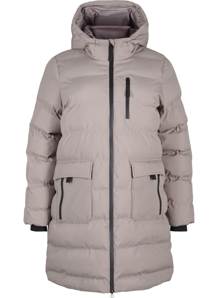 Puchowy plaszcz z kapturem i kieszeniami, Beżowy, Packshot image number 0